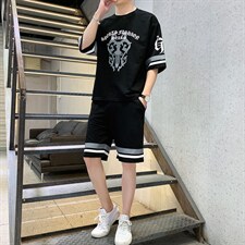 新款夏季潮牌五分裤两件套青少年运动休闲短袖T恤套装男F67P58，男装休闲套装，电商A086