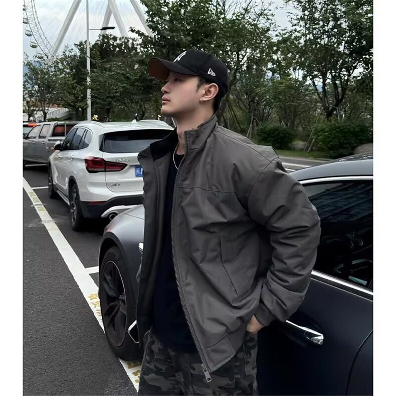 立领软壳夹克外套男春秋季美式高街慵懒风廓形bomber棒球服冲锋衣图片