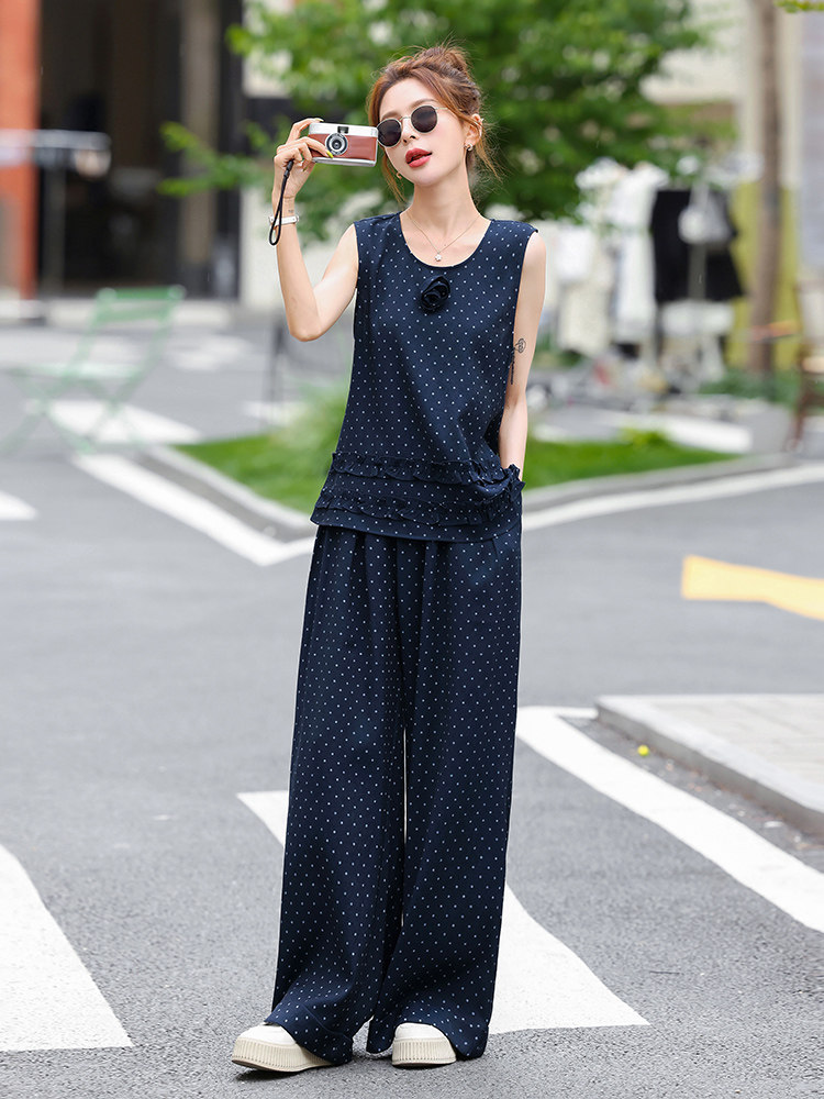 小香风套装女2025夏季新款超火减龄松弛感休闲波点无袖阔腿裤穿搭,女装套装/套裙,奕薇雅