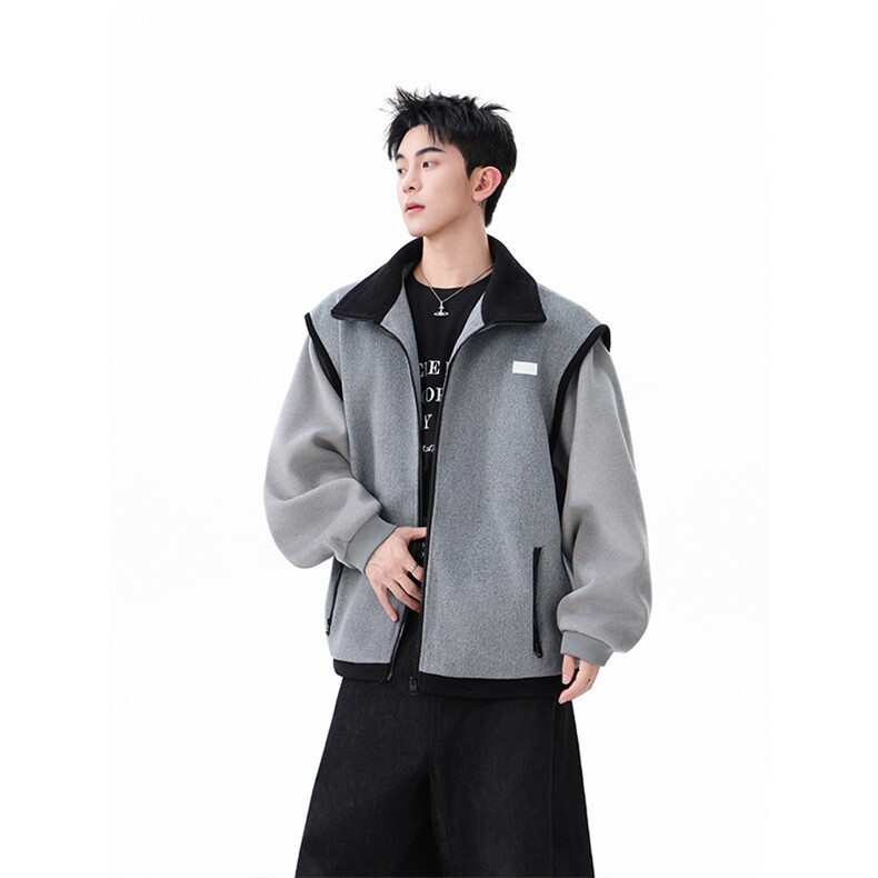 高级感灰色拼接毛呢外套男宽松休闲日常上衣潮XZ201-2A769P148，女装短外套，星座201-2