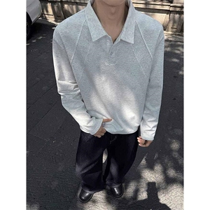 抖音得物高品质美式高街重磅曼巴棉结构螺纹拼接翻领卫衣长袖T恤图片