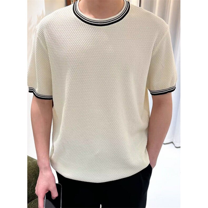 轻奢拼撞色圆领透气针织T恤衫夏季修身弹力短袖男t恤S336，男装T恤，星座1116A-2（原606A-1）