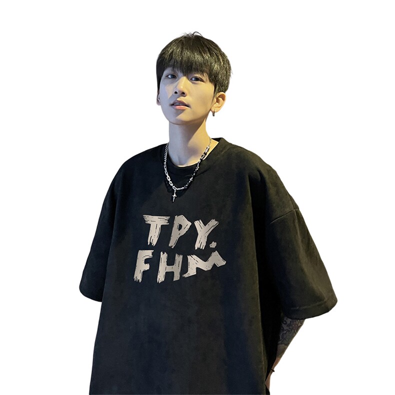 麂皮重磅短袖t恤男生夏季字母印花学生潮牌宽松圆领五分半袖衣服,男装T恤,电商B371