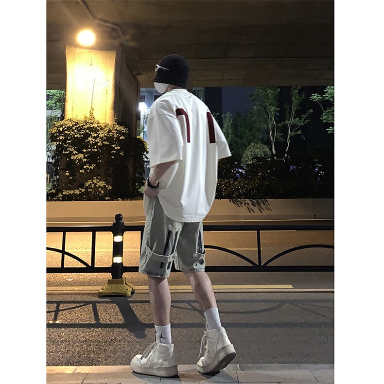 B221美式ins高街暗黑拉链休闲牛仔短裤五分裤LK23082-P50控68,男装牛仔裤,电商B221