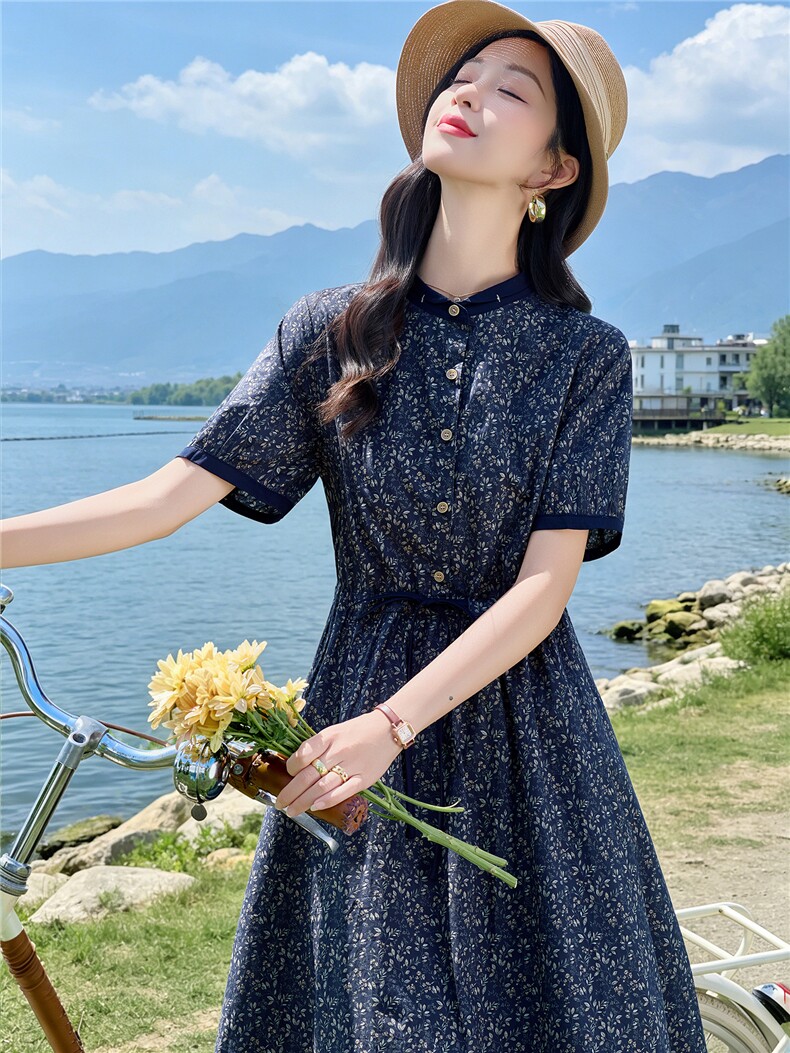6801时尚气质印花抽绳连衣裙,女装连衣裙,倪叶myz