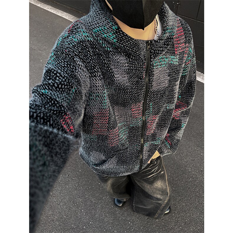 YK86136-P70美式复古针织开衫连帽卫衣男秋冬季宽松休闲彩色格子,男装卫衣,电商A086-1