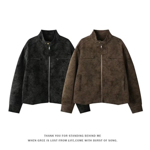有货。皮衣外套男春秋季新款拉链宽松机车服pu皮夹克潮W6918-P57,羊羔毛短外套怎么搭配衣服图片