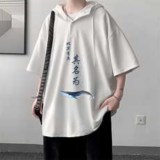 LD54261-P45连帽短袖t恤男大码胖子带帽五分袖中袖大皂风，男装T恤，电商A040