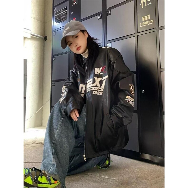 美式刺绣pu皮衣夹克男女宽松帅气赛车服潮牌机车外套LJC033-P74图片