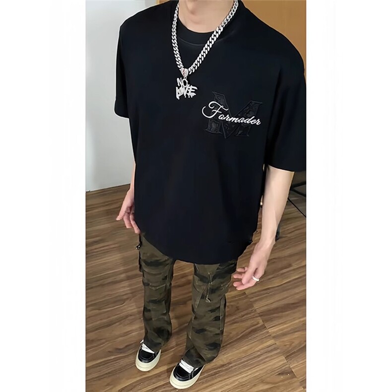 美式黑色立体浮雕短袖男款夏季小众提花刺绣t恤重磅半袖TX5809，男装T恤，星座208-5