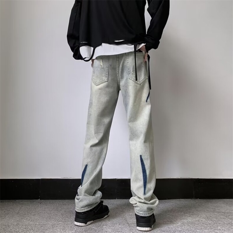 美式牛仔裤男春秋新款休闲直筒裤破洞补丁牛仔裤N239P43,男装牛仔裤,星座1116-2