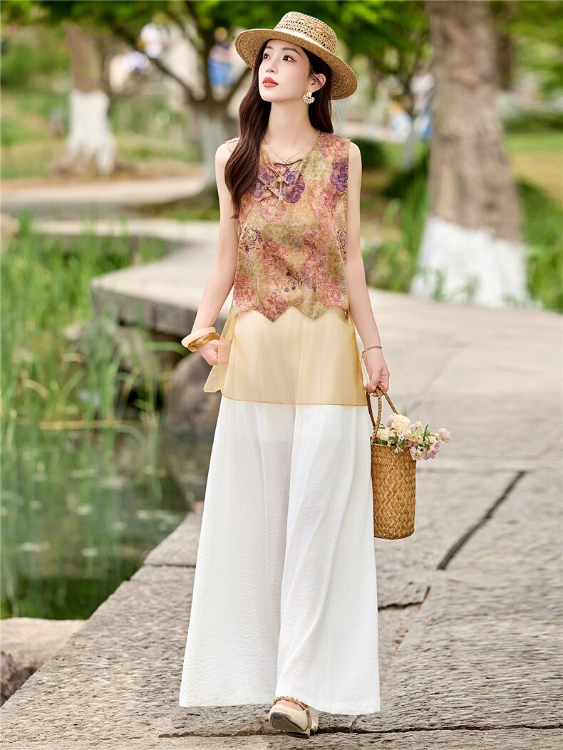 新中式夏季套装女2026新款高级感小个子时尚气质阔腿裤两件套，女装套装/套裙，米尚