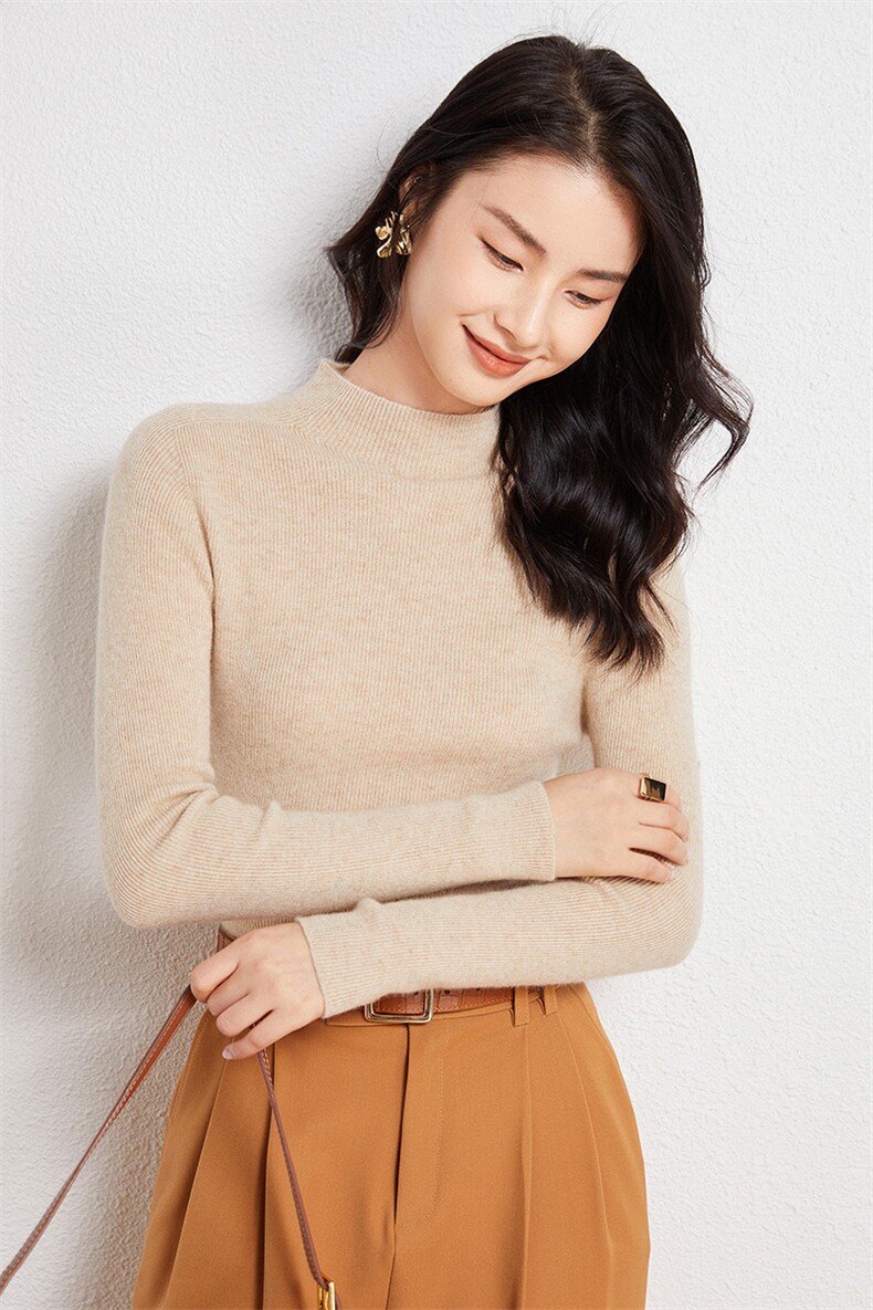 时尚半高领羊绒衫优雅修身显瘦舒适保暖绿色长袖针织衫,女装羊绒衫,兰皓羊绒