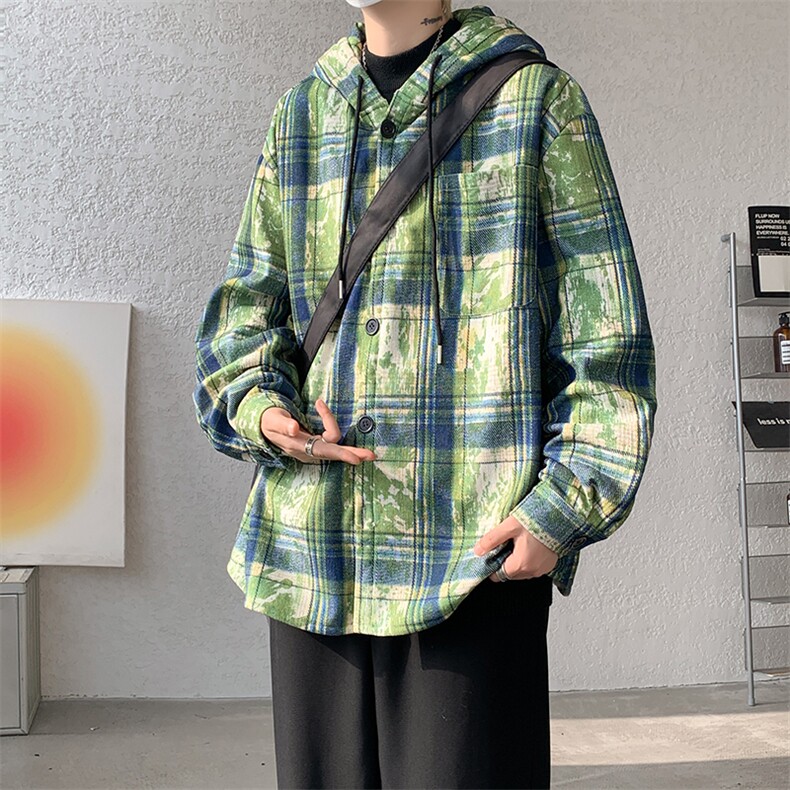 WY10097-P55加绒P65秋季撞色格子连帽大码休闲百搭卫衣外套男,女装短外套,电商A059