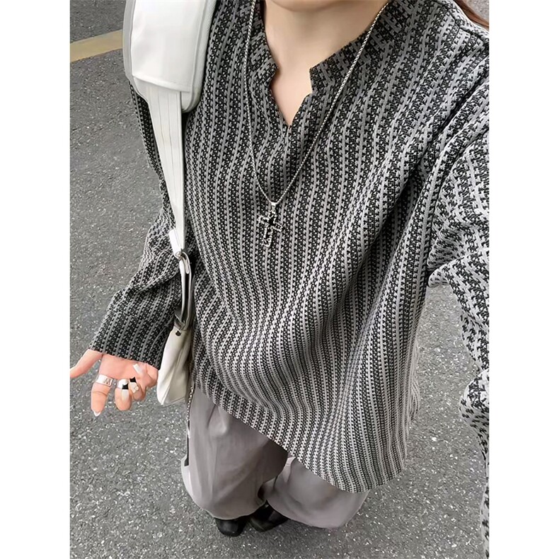 美式高街千鸟格子长袖T恤男女亨利V领英伦雅痞休闲宽松长袖打底衫,男装T恤,电商A486