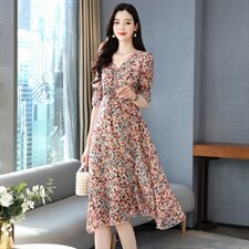 2021新款夏款小个子中长款复古V领碎花雪纺连衣裙，女装连衣裙，瑶迪依秀