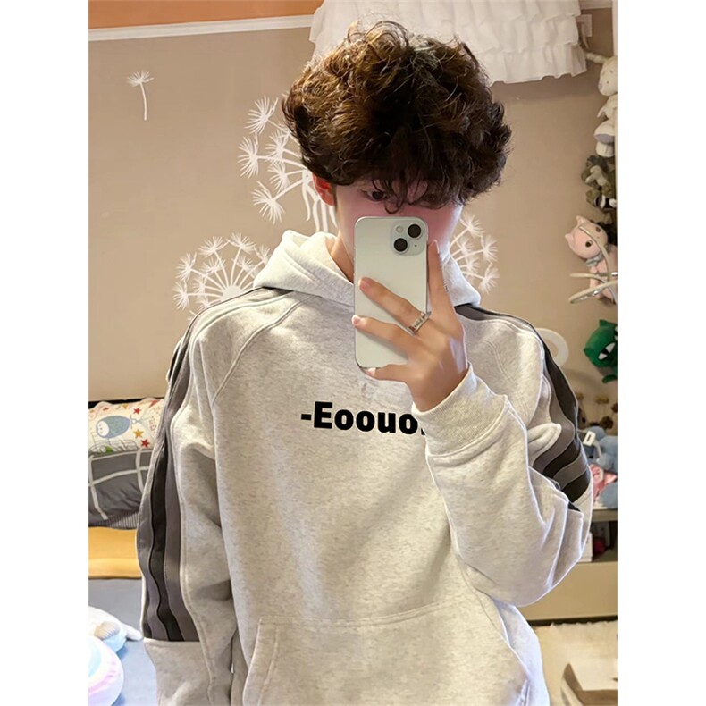 抖音得物美式全棉拼接织带撞色宽松潮连帽印花卫衣外套A1810，女装短外套，电商A443