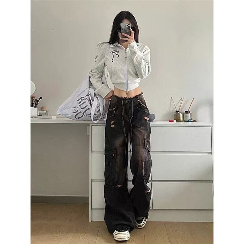 小个子工装牛仔裤女2025新款毛边低腰阔腿拖地直筒裤子春秋款,男装牛仔裤,星座1210-1