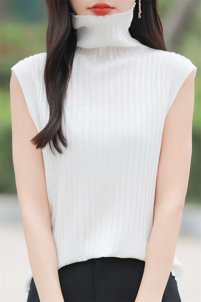 简约纯色坑条堆堆领针织马甲背心女早春时尚洋气内搭无袖坎肩上衣,针织衫/毛衣,佳绒包芯纱店