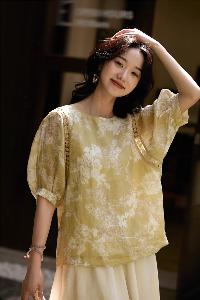 茉香风浅剪纸印花灯笼袖小衫上衣女25夏,女装衬衫,梦白服饰厂