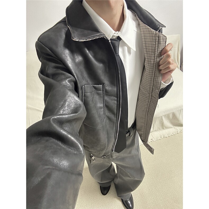 自家图~老钱风霜降PU皮千鸟格内里Cleanfit夹克W1397/特P85,男装夹克,电商B350