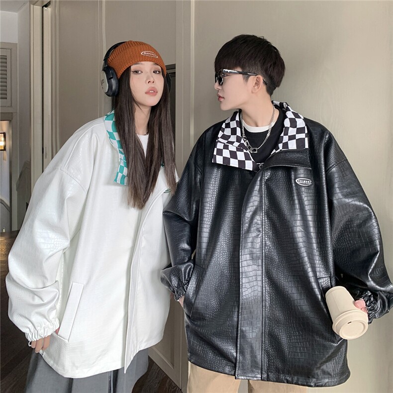 港风两面穿夹克男大码M-5XL格子PU皮鳄鱼纹皮衣男外套JK8753P110，男装夹克，星座227-7