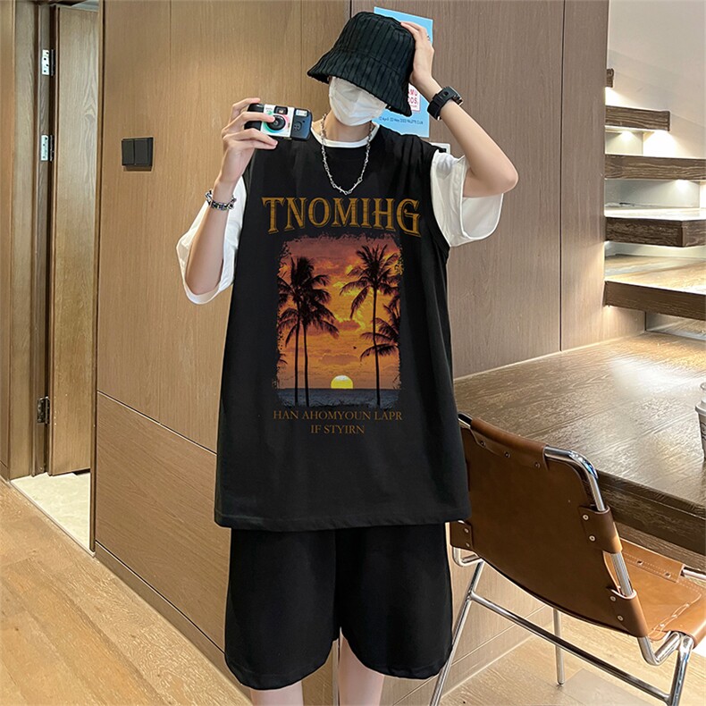 直播品质美式宽松纯棉背心无袖t恤短裤大码两件套套装TZ56-P58,男装T恤,电商A486