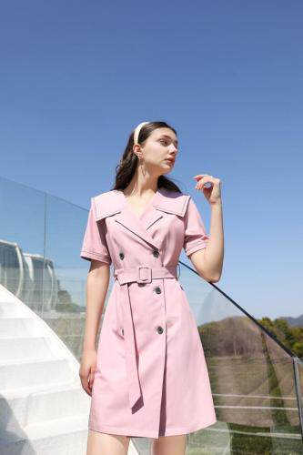 夏季新款双排扣翻领短袖连衣裙，女装连衣裙，忆思妤