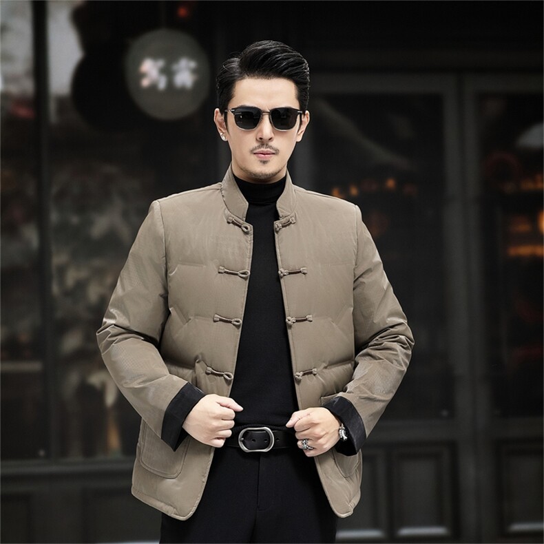 男装中年唐装90绒羽绒服男复古盘扣风羽绒服外套中式唐装,男装羽绒服,钱塘723