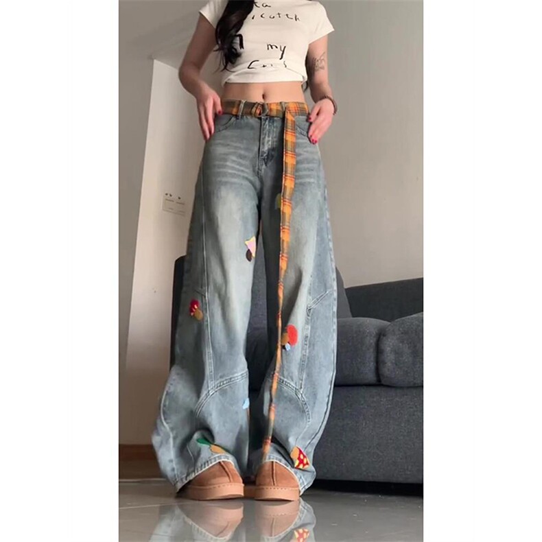 美式高街复古立体刺绣配腰带阔腿牛仔裤男女显瘦直筒弯刀拖地裤潮,男装牛仔裤,电商A486