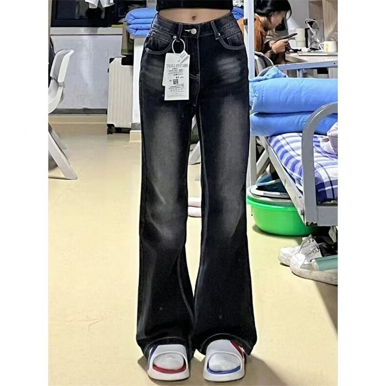 黑灰色微喇叭牛仔裤女冬季新款美式复古高腰紧身显瘦直筒马蹄裤子,男装牛仔裤,星座506A