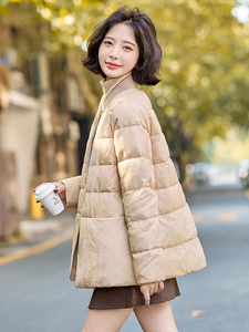 2025年冬季A字小个铜氨丝羽绒服冬装女浴袍式系带收腰V领复古提花图片