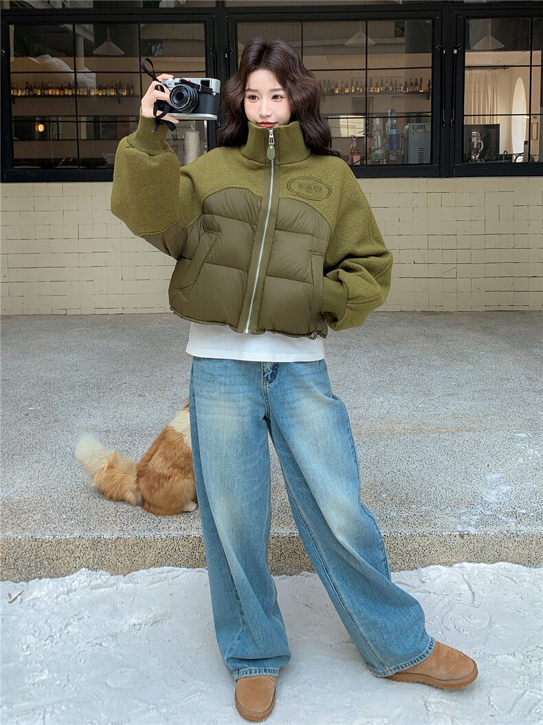 短款立领毛呢拼接羽绒服女2025冬季新款小个子白鸭绒面包服外套潮,女装羽绒服,琦鑫阁（原依鑫阁）
