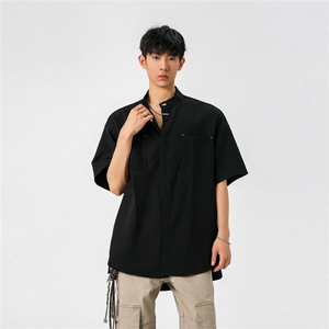 1新中式立领衬衫风暗扣工装大码M-5XL半袖衬衣男78013P48控78图片