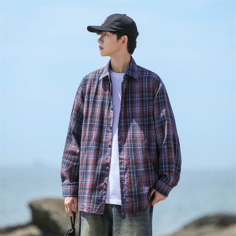 25年春季格子衬衫长袖大码宽松落肩现货DS-C323-1-2375-特批30,男装衬衫,电商C323-1