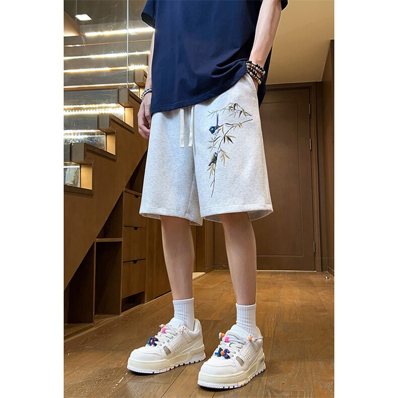 新中式高街ins竹叶小鸟hiphop五分休闲短裤运动裤货号图片