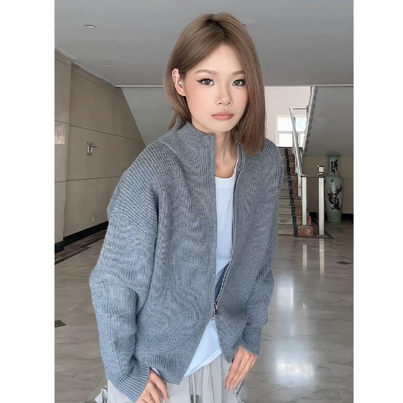 浅灰色立领拉链毛衣外套男秋冬季慵懒风针织开衫美式cleanfit夹克,男装夹克,星座218-8
