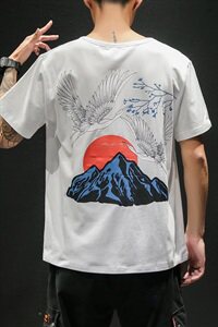 19夏季新款黑墙宽松T恤日系大码中国风仙鹤印花国潮短袖T022-P30图片