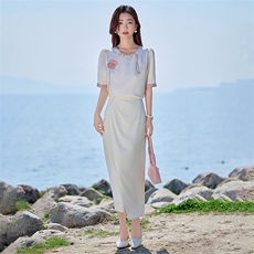 2025夏装新中式通勤洋气圆领衬衣气质垂感百搭半身裙两件套，女装套装/套裙，卡杰菲