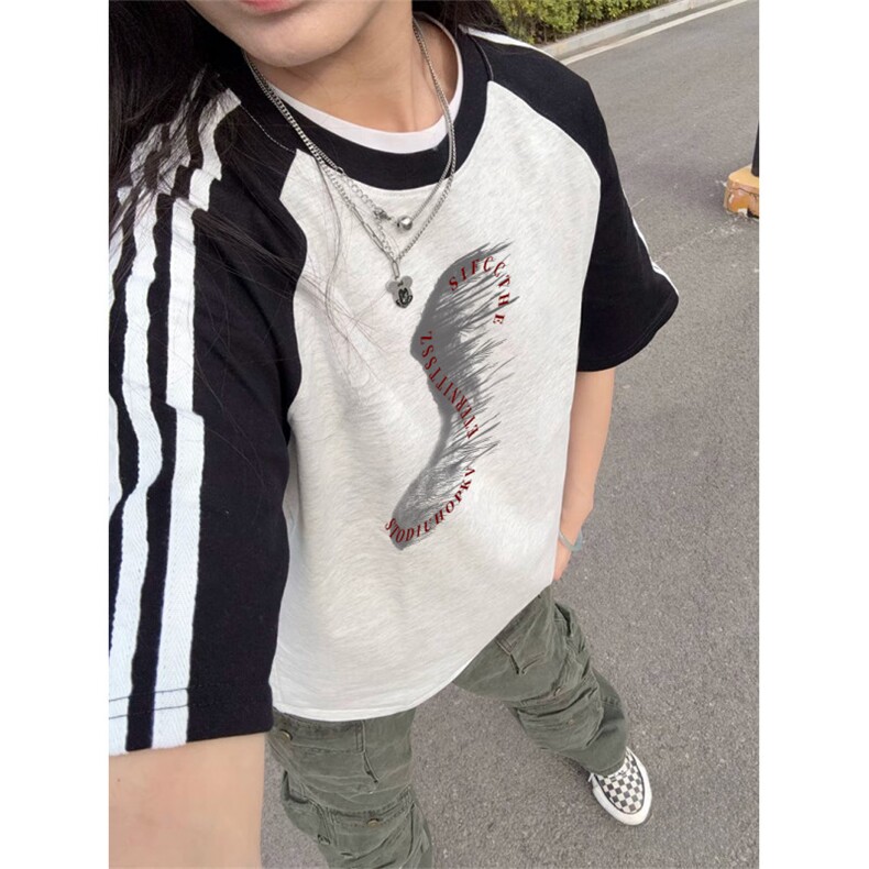 抖音得物品质二开240克宽松纯棉美式潮牌插肩三杠织带短袖T恤图片