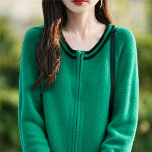 100%纯羊毛开衫女圆领拼色双拉链针织毛衣外套宽松羊绒衫长袖上衣图片