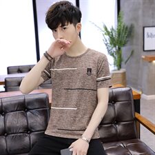 夏季冰丝短袖男横条卫衣男T恤男五分袖圆领套头印花男灰T9506，男装T恤，星座1207