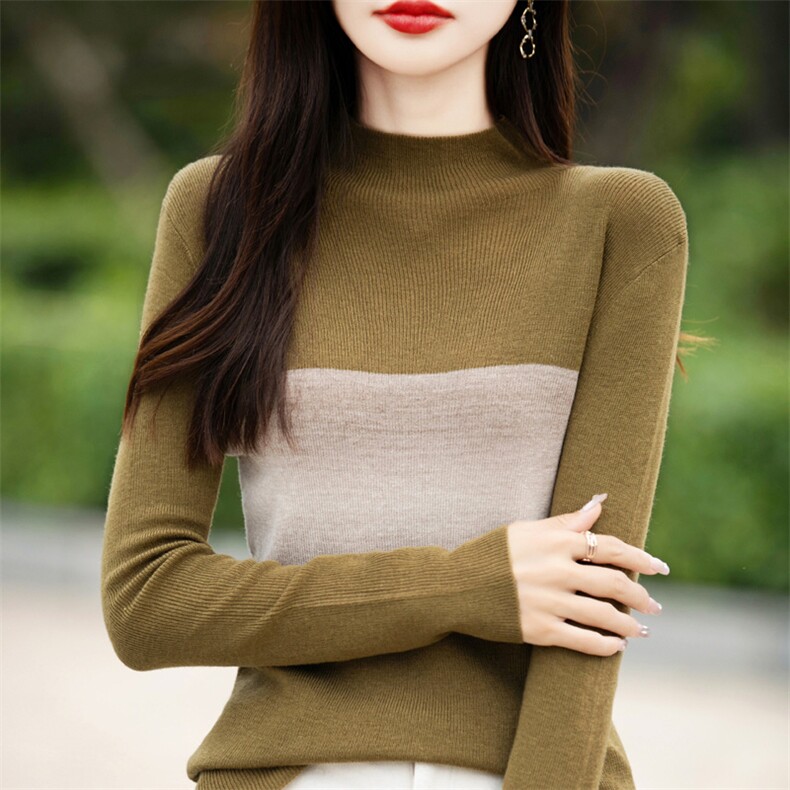 2025秋冬小众设计感半高领拼接百搭针织衫女修身显瘦内搭打底毛衣，女装针织衫/毛衣，暖姿羊绒
