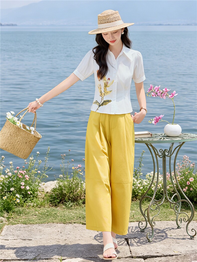 轻熟风时尚小翻领衬衫套装女2026夏气质印花上衣休闲裤两件套,女装套装/套裙,水衣源