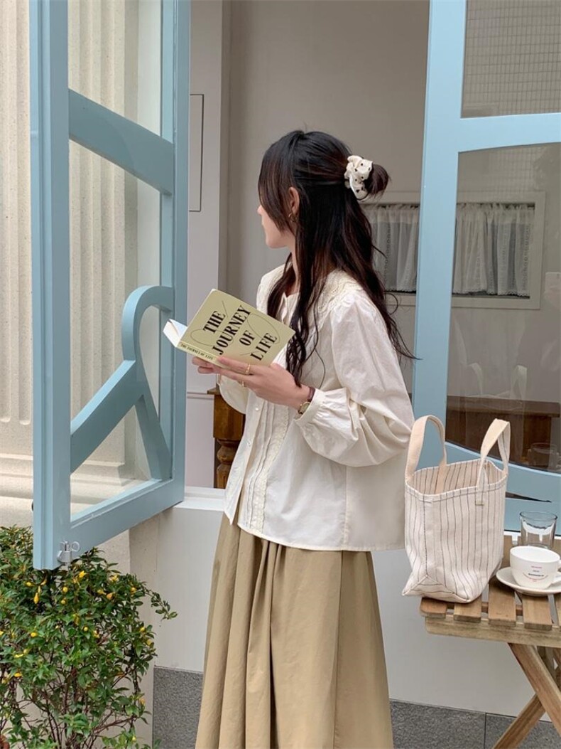 甜美双层花边娃娃领衬衫，女装衬衫，DAP