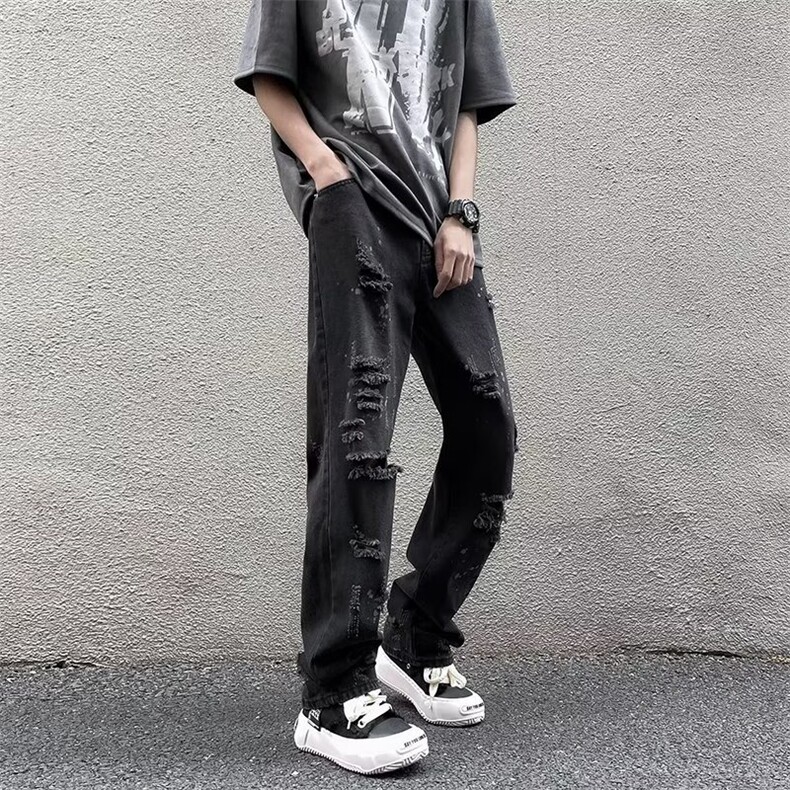 牛仔裤男夏季薄款美式高街vibe风破洞宽松直筒休闲长裤子N013-P45,男装牛仔裤,星座308B-1