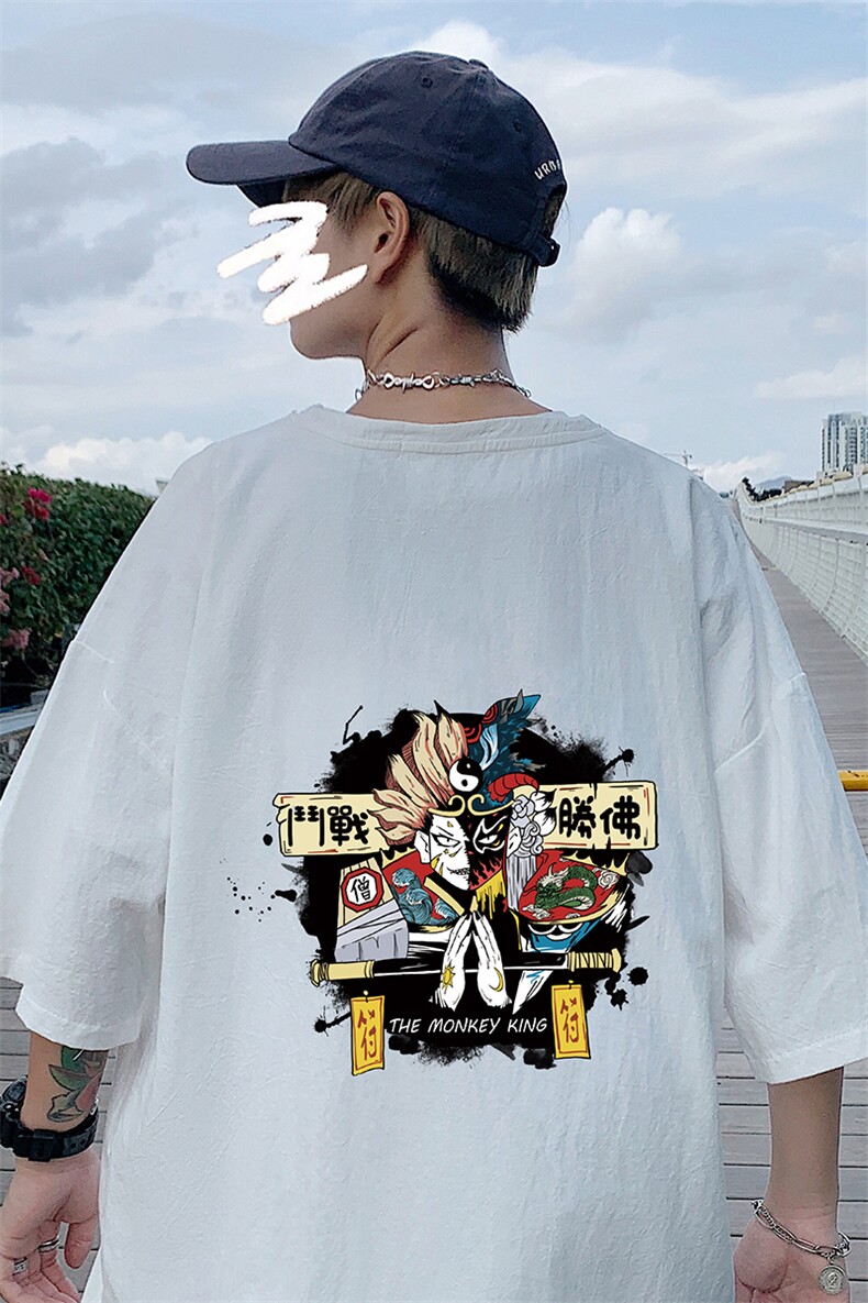 YT26016-P30亚麻短袖t恤男大码五分袖男宽松七分袖港风模特,男装T恤,电商A040