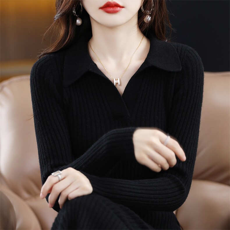 羊毛裙女Polo领连衣裙秋冬新款羊绒打底宽松针织衫中长款毛衣裙,女装连衣裙,暖思雅