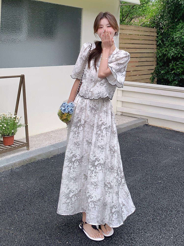 新中式禅意女2025夏季搭配一整套国风水墨画上衣半身裙,女装连衣裙,诺蝶