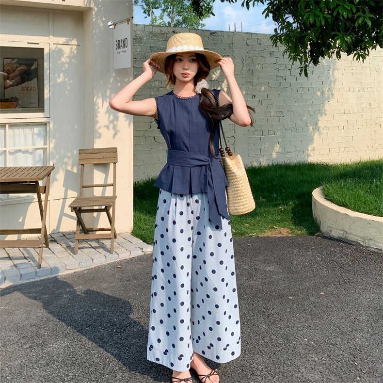 法式松弛感系带背心波点阔腿裤两件套女套装223-1360P140K198,女装套装/套裙,莘蕾